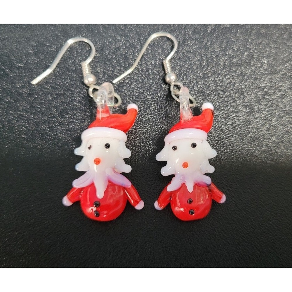 Christmas Vtg Santa Claus Lampwork Glass‎  And Sterling Dangle Earrings Winter